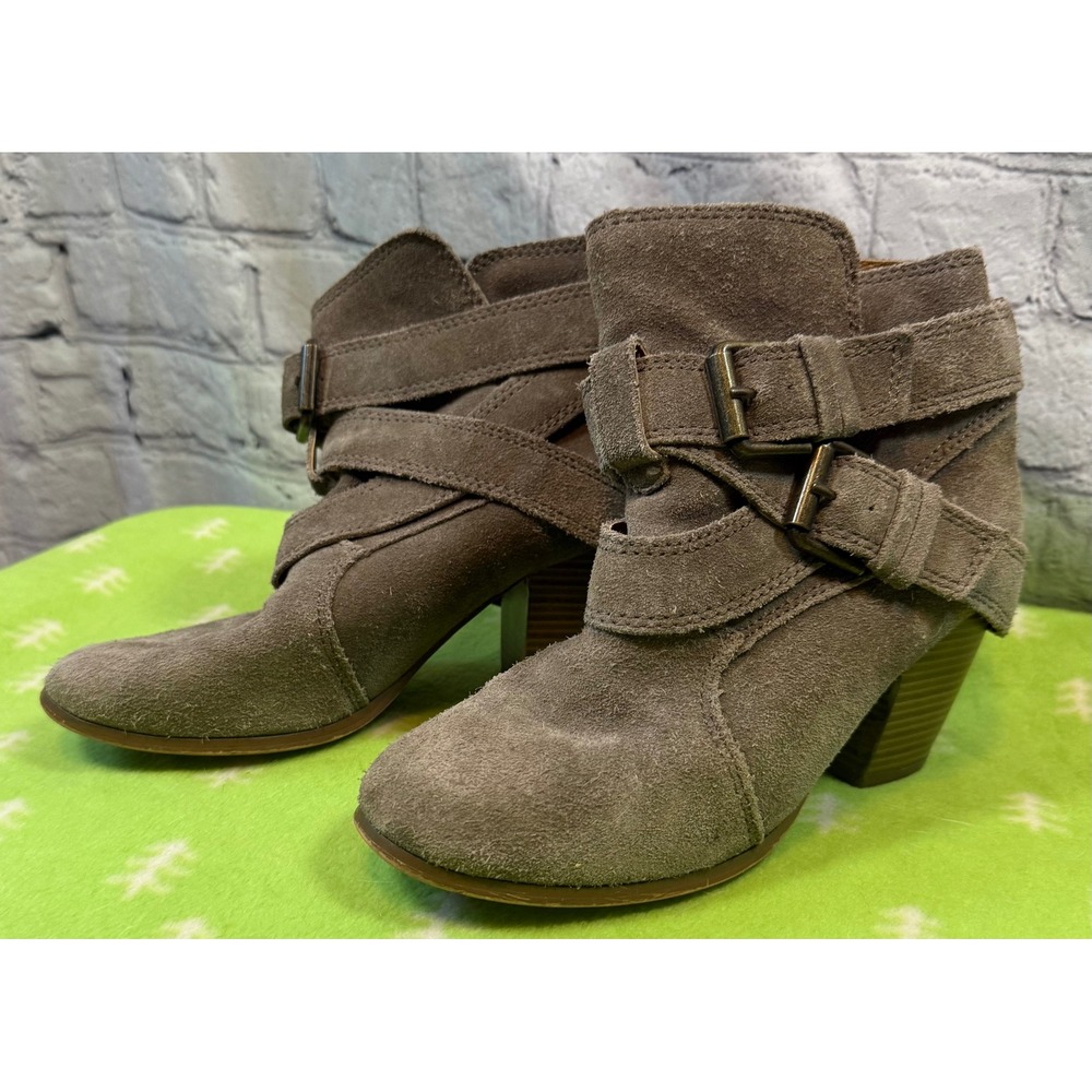 Mossimo Suede Ankle Boots Buckle Straps, Stacked Heel, Casual Western Booties
